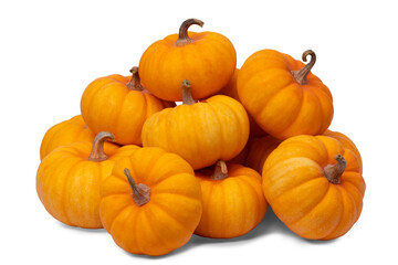 pile of orange pumpkins on white background