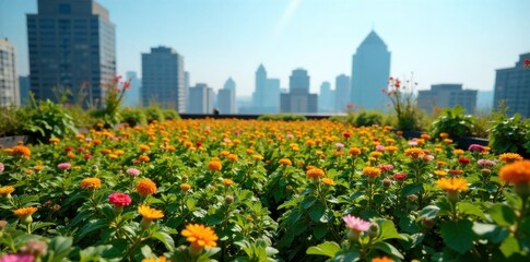 Urban Rooftop Garden Oasis A sprawling urban rooftop garden filled with an abundance of diverse, lush green plants, flowers, and small trees. In the background, a blurred city skyline under a clear