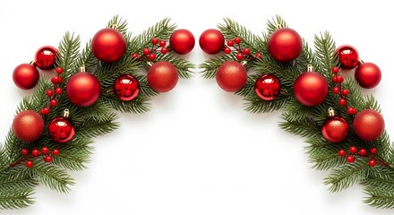 A festive Christmas garland with red baubles and holly berries on a white background.