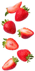 falling fresh strawberries isolated on white background