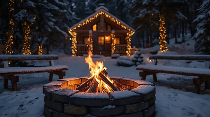 Winter Cabin Retreat Fireplace and Snow Covered Benches Under Warm Christmas Lights