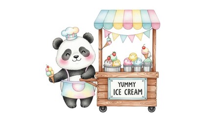Cute panda chef selling yummy ice cream from a cart watercolor illustration dessert food sweet treat cartoon