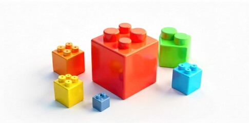 Colorful 3D building blocks stacked in a playful yet structured composition. A high angle, studio lit 3D render of various colorful, primary colored building blocks (cubes, cylinders, arches) stacked