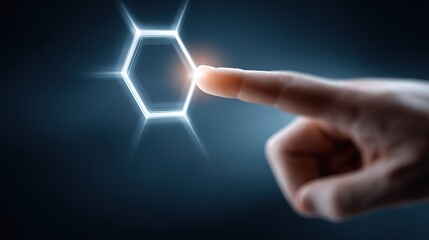 Finger Touching Glowing Hexagonal Interface: Tech Touch Scene