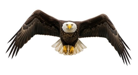 Majestic bald eagle soaring high with wings spread wide in flight isolated on white background view
