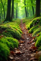 Easter Egg Hunt Trail Through a Spring Forest Floor An eye level view of a winding, narrow trail through a sun dappled spring forest. The forest floor is covered in rich moss and fallen leaves.