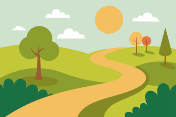 Obraz premium Stylized landscape with a winding path trees and clouds under a sunny sky