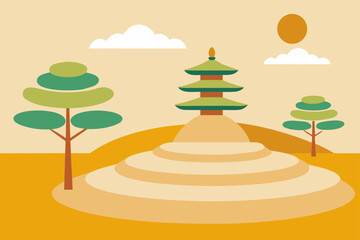 Fototapeta premium Stylized pagoda temple landscape with trees and sun