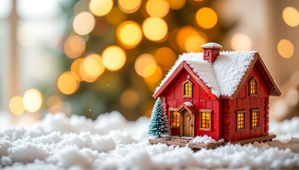 miniature wooden house with a snowy roof, a small Christmas tree, and warm lights, set in a snowy landscape