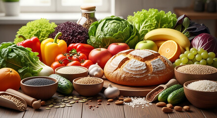A vibrant and abundant display of fresh, whole foods, including colorful fruits, crisp vegetables, and hearty grains, symbolizing a healthy and balanced diet