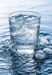 Refreshing hydration: a glass of chilled water with ice cubes on water surface