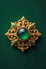 Vibrant Emerald Green Enamel and Gold Celtic Brooch, a Symbol of Rich Irish Heritage and Craftsmanship A macro photograph of a richly detailed Celtic brooch. The brooch features polished gold filigree