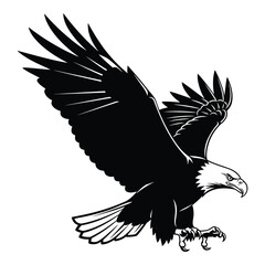 Majestic bald eagle soaring with wings spread in dynamic flight silhouette
