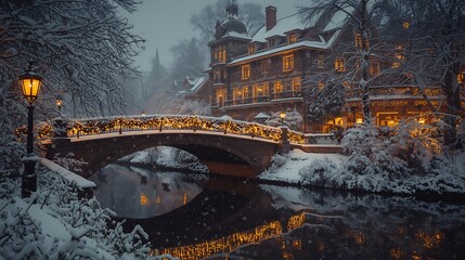 Winter wonderland scene with snow covered bridge ornate building and glowing lights creating a festive atmosphere