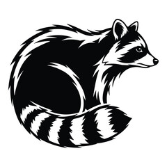Intense raccoon portrait with distinctive mask and ringed tail animal art silhouette