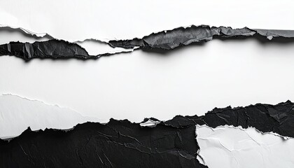 Abstract Textured Background of Torn Paper Layers with Black and White Contrasting Tones and Rough Edges