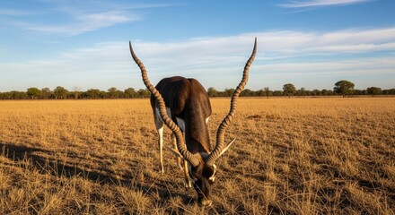 Blackbuck antelope grazing wildlife animal nature landscape field sky horns mammal herbivore savanna africa
