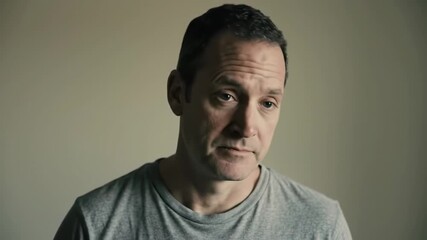 A close-up shot of a middle-aged man with a somber expression, wearing a gray t-shirt - Powered by Adobe