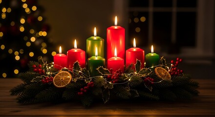 A festive Christmas centerpiece with lit red and green candles surrounded by evergreen branches, holly berries, and dried orange slices, with a blurred Christmas tree in the background.
