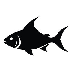 Silhouette of a silvery fish with distinctive fins and tail against a white backdrop silhouette