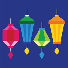 four bright and colorful lanterns floating in air .eps
