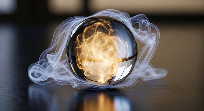 Glowing orb surrounded by wisps of vaporous abstraction on surface - Powered by Adobe