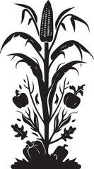 Black silhouette illustration of corn plant with pumpkins and leaves decoration