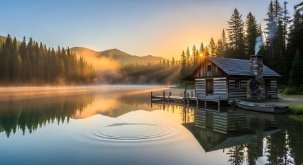 Fototapeta premium Tranquil lakeside cabin at sunrise with misty water and forest backdrop