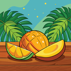 freshly sliced mango on a wooden table with tropic.eps