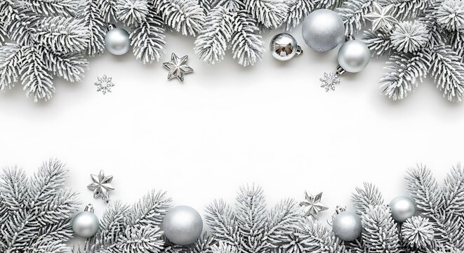A festive winter holiday border with frosted evergreen branches and silver ornaments on a white background.