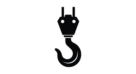A stark black silhouette of a heavy duty industrial crane hook and pulley system against a white background silhouette