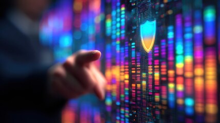 A digital interface with colorful data streams, highlighting a shield symbol, suggests themes of cybersecurity and technology.