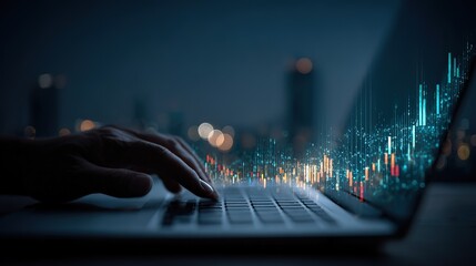 Hands Operating Keyboard at Night Interacting with Data Charts and Urban Bokeh: Tech Urban Office Scene