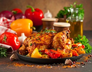 A roasted bird with colorful vegetables and herbs