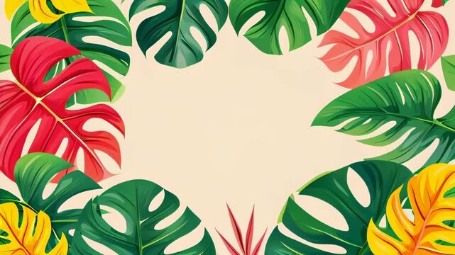 Tropical Foliage Animation with Vibrant Monstera Leaves on Neutral Background