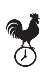 Black silhouette of a rooster standing on a clock face on white background chicken bird