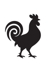 Black silhouette of a rooster with a curled tail on a white background chicken bird
