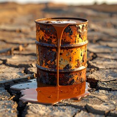 A rusted barrel leaks a viscous, dark substance onto cracked earth