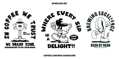 Bundling Set Funny cartoon character a coffee. Can be used as Sticker, posters, prints. Retro cartoon style. Vector illustration