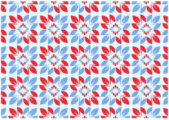 Fototapeta premium Repeating pattern of red and blue floral designs on a light blue background.
