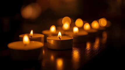 Warm Candlelight Reflection on Wooden Surface
