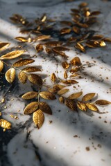 Golden Leaf Sprigs on Marble - Elegant Still Life with Dramatic Light and Shadow.