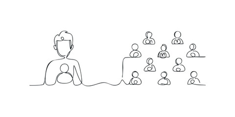 Single line drawing of a person leading a group