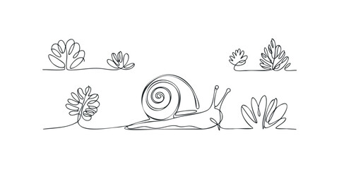 Snail and abstract plants drawn with single continuous line