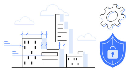 Skyscrapers under construction, shield with lock, gear icon, and clouds. Ideal for architecture, security, technology, innovation urban development data protection progress. Simplistic flat