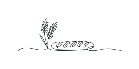 Single line drawing of wheat stalks and bread loaf