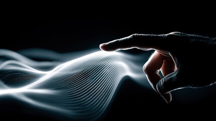 Finger Touching Glowing Streamline Interface: Minimalist Futuristic Tech Scene