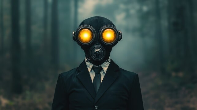 mysterious figure in a gas mask with glowing eyes stands in a foggy forest, blending elements of surrealism and dystopia.