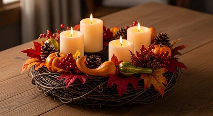 A beautiful autumn centerpiece with four lit pillar candles, pumpkins, gourds, and fall leaves arranged on a rustic wreath.