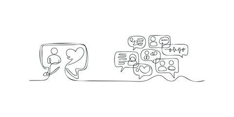 Continuous line drawing of communication and dialogue bubbles